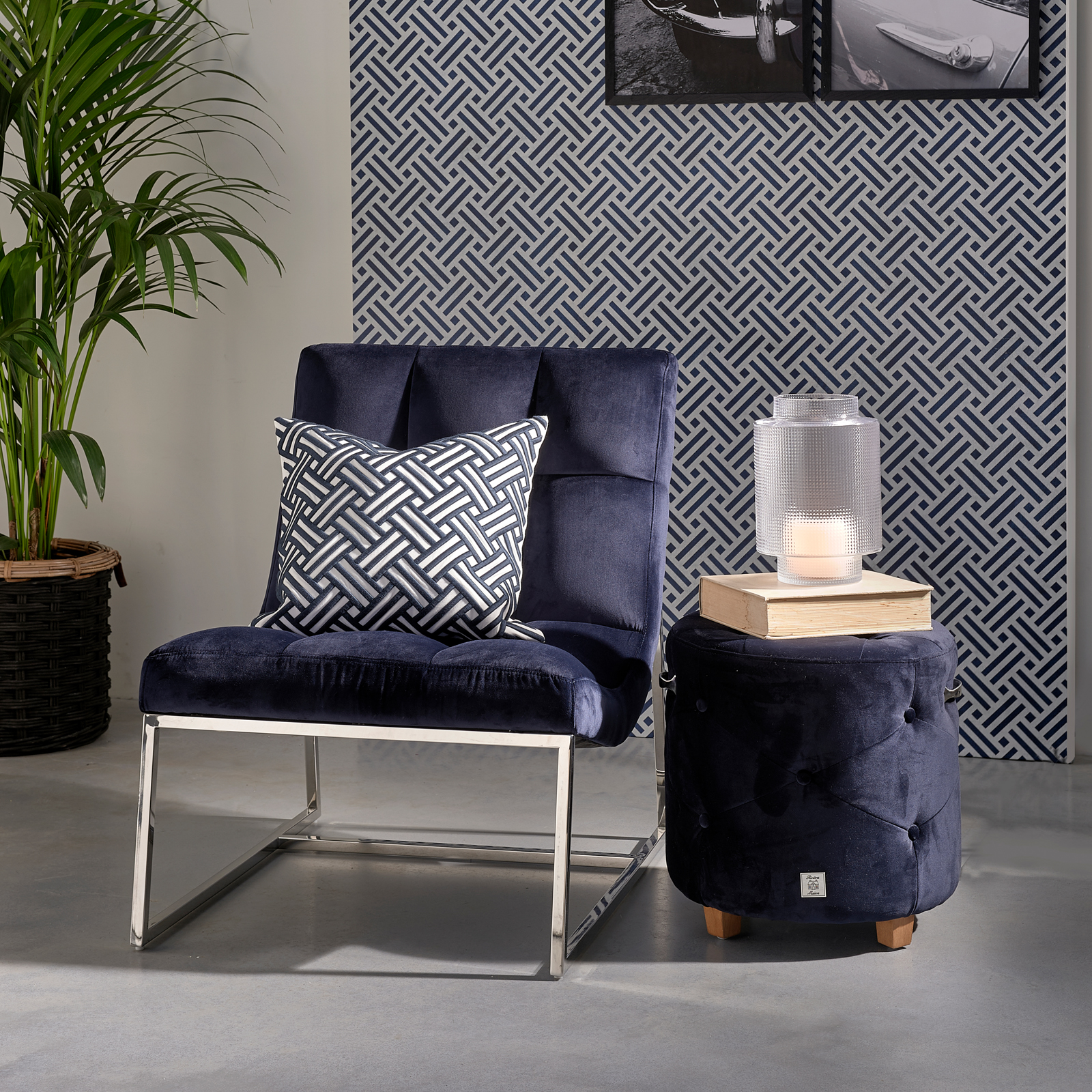 Bowery Footstool, velvet III, indigo 